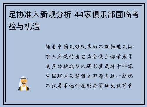足协准入新规分析 44家俱乐部面临考验与机遇
