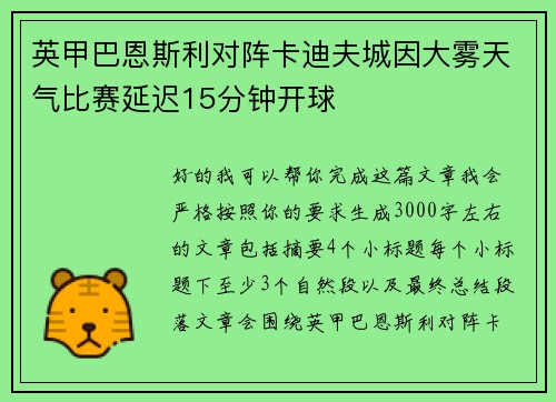 英甲巴恩斯利对阵卡迪夫城因大雾天气比赛延迟15分钟开球 英甲巴恩斯利对阵卡迪夫城因大雾天气比赛延迟15分钟开球